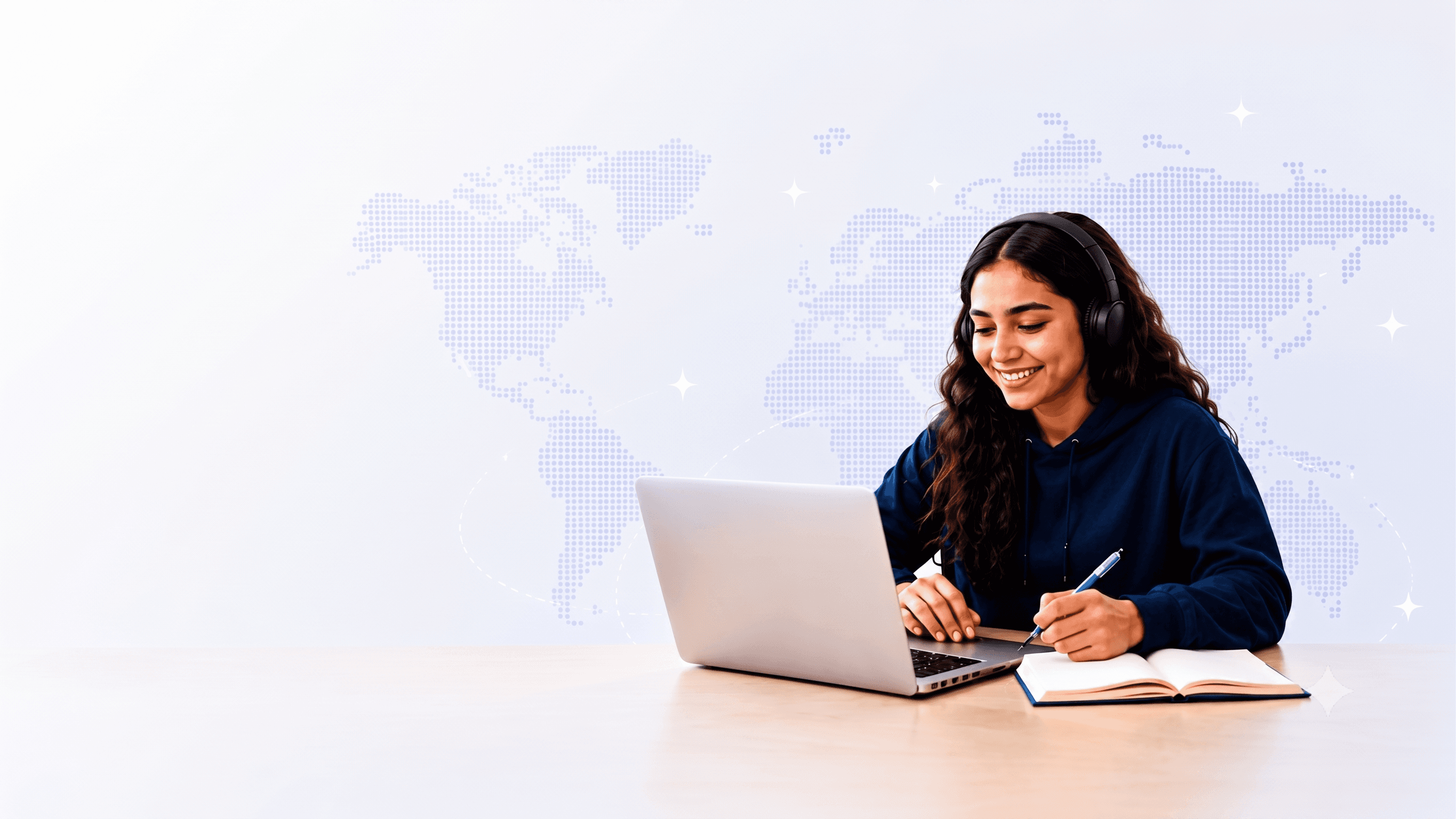 Student learning on AcademIQ, with a global network map