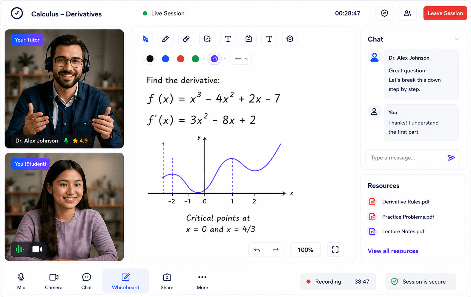 Live virtual tutoring session in Huddle