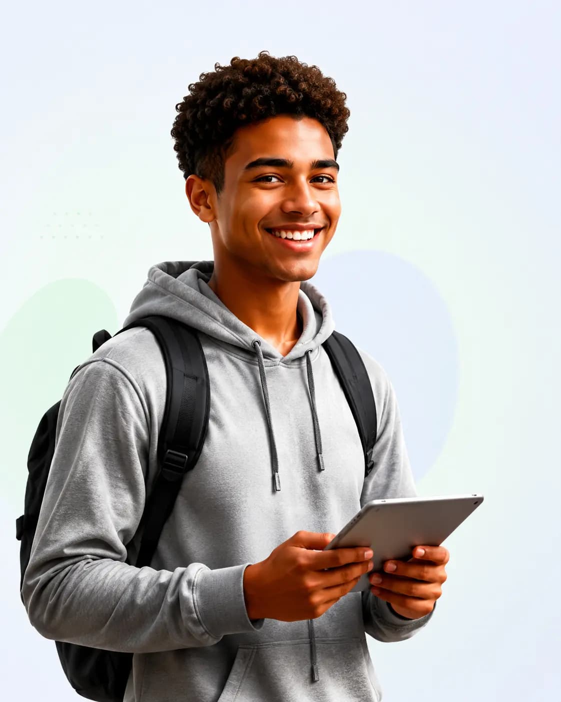 A smiling student holding a tablet